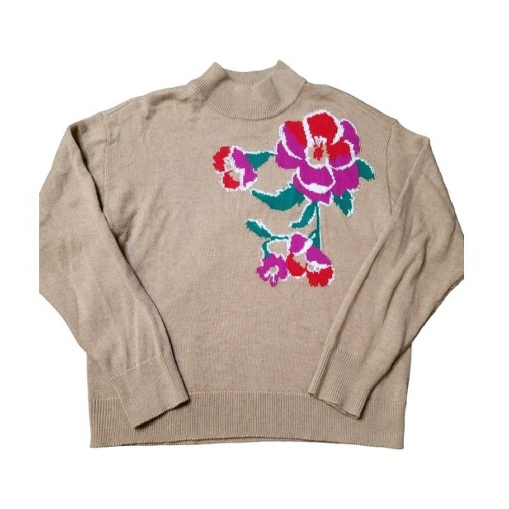 Charter Club‎ Sweater Mock Neck Floral Tan Boho Cottage Pullover L